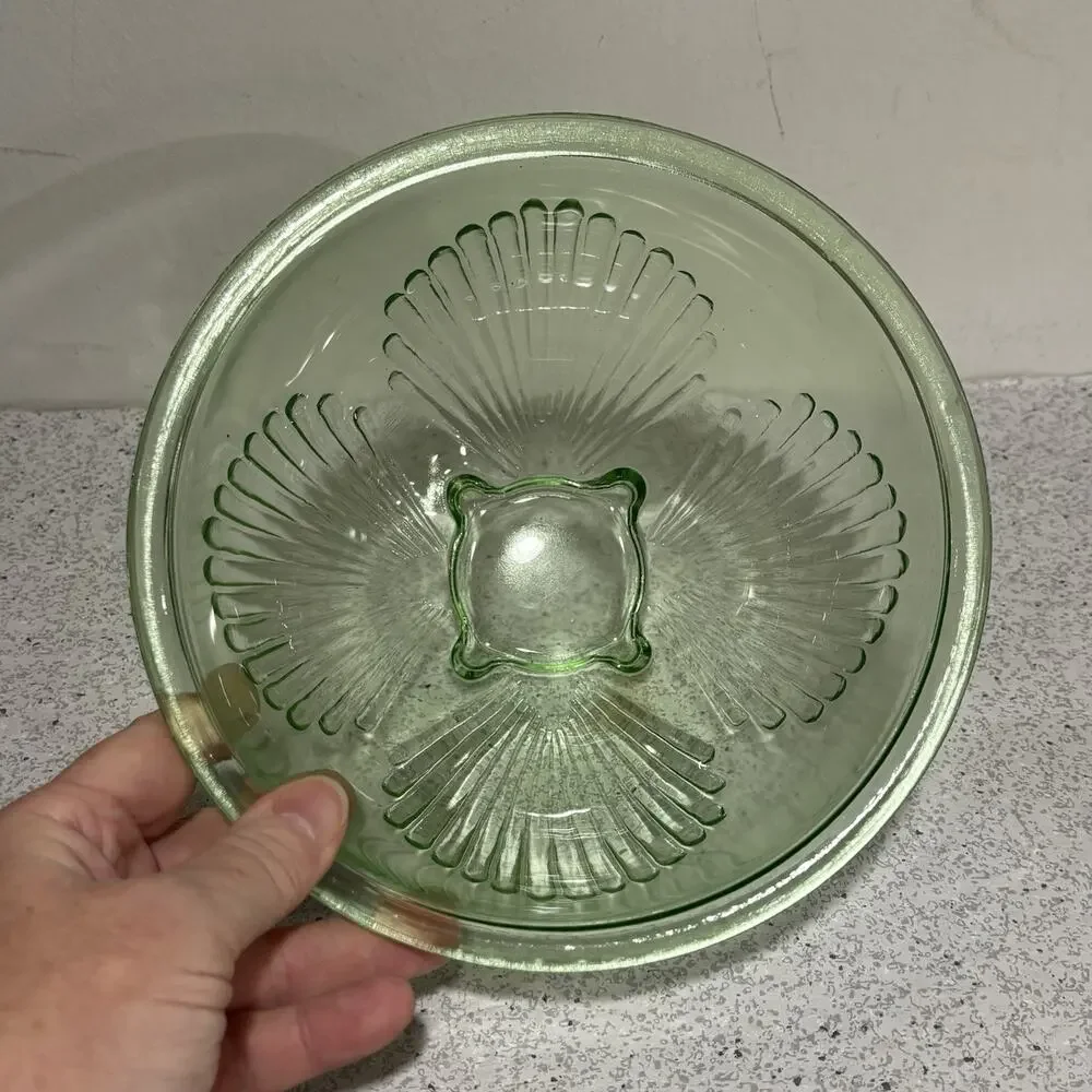Vintage Green Depression Glass Mixing Bowl Rib Shell Pattern Farmhouse Kitchen